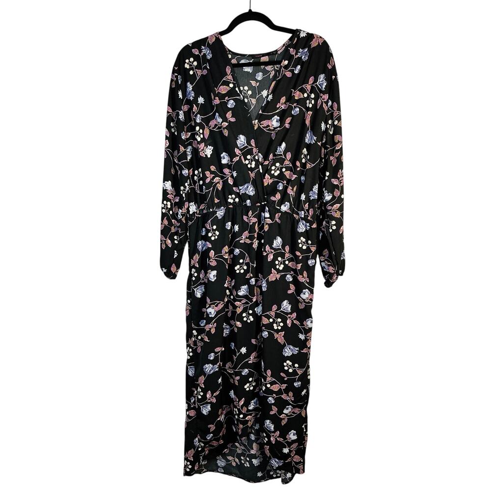 Fraiche by J, Size 1X, Black & Purple Floral Faux Wrap Dress, Maxi Length, Boho